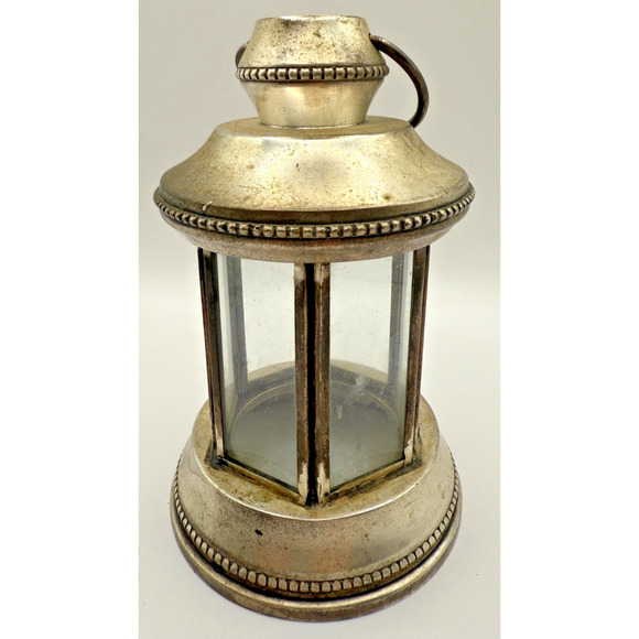 Vintage Silver Metal Candle Lantern 6.5" Hex Glass Panels Rustic Patina Decor - Picture 1 of 4